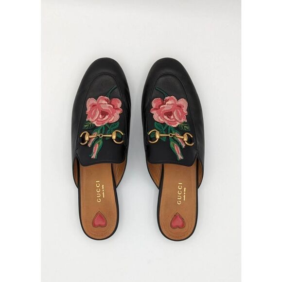 Gucci Princetown Rose Embroidered Black Leather Mules EU 38.5 - Picture 1 of 10